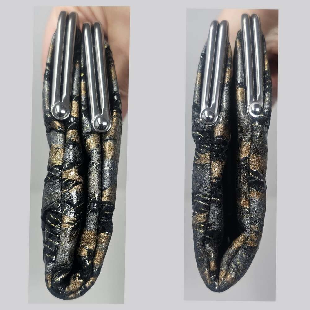 Vintage HOBO Lauren Metallic Shimmery Tiger Leather Double Frame Wallet Clutch - Picture 3 of 12